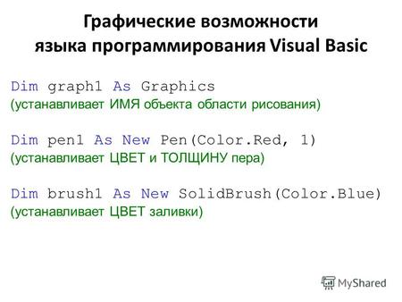 Dim graph1 As Graphics (устанавливает ИМЯ объекта области рисования) Dim pen1 As New Pen(Color.Red, 1) (устанавливает ЦВЕТ и ТОЛЩИНУ пера) Dim brush1 As.