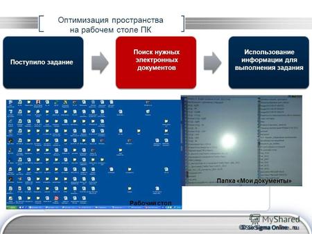 © Six Sigma Online. ru Оптимизация пространства на рабочем столе ПК Поступило задание Использование информации для выполнения задания Поиск нужных электронных.