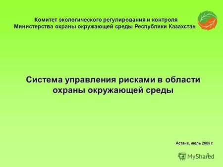 Система управления рисками в области охраны окружающей среды Астана, июль 2009 г. Комитет экологического регулирования и контроля Министерства охраны окружающей.