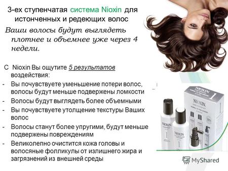 3-ех ступенчатая система Nioxin для истонченных и редеющих волос Ваши волосы будут выглядеть плотнее и объемнее уже через 4 недели. С Nioxin Вы ощутите.