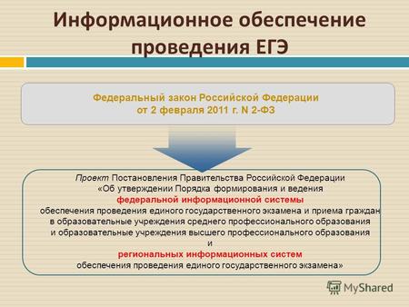 Информационное обеспечение проведения ЕГЭ Федеральный закон Российской Федерации от 2 февраля 2011 г. N 2-ФЗ Проект Постановления Правительства Российской.