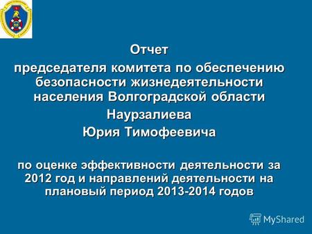 Отчет председателя комитета по обеспечению безопасности жизнедеятельности населения Волгоградской области Наурзалиева Юрия Тимофеевича по оценке эффективности.
