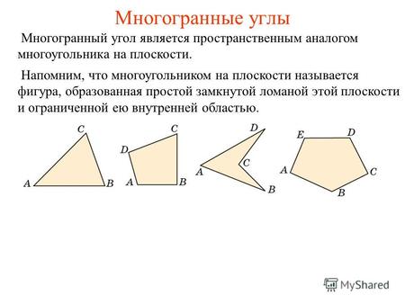 Многогранные углы Напомним, что многоугольником на плоскости называется фигура, образованная простой замкнутой ломаной этой плоскости и ограниченной ею.