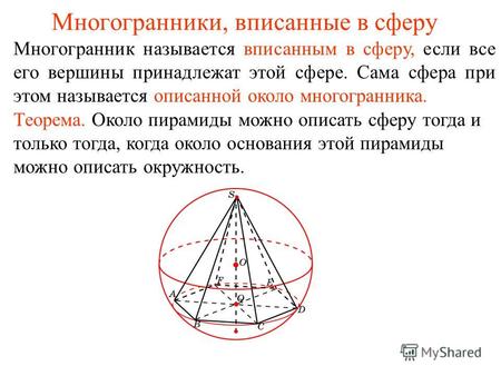 Многогранники, вписанные в сферу Многогранник называется вписанным в сферу, если все его вершины принадлежат этой сфере. Сама сфера при этом называется.
