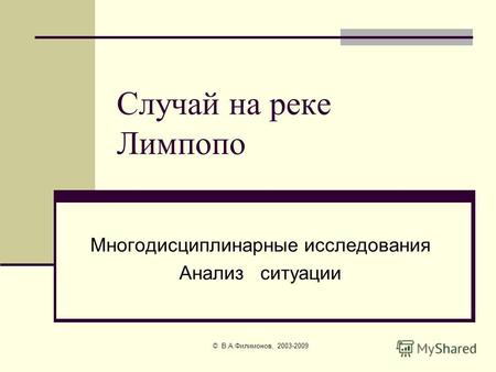 © В.А.Филимонов, 2003-2009 Случай на реке Лимпопо Многодисциплинарные исследования Анализ ситуации.