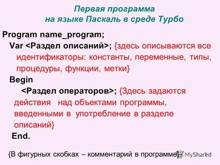 1 Первая программа на языке Паскаль в среде Турбо Program name_program; Var ; {здесь описываются все идентификаторы: константы, переменные, типы, процедуры,