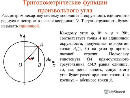 Тригонометрические функции произвольного угла Рассмотрим декартову систему координат и окружность единичного радиуса с центром в начале координат О. Такую.