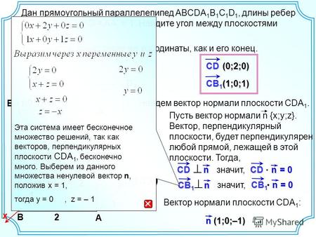 Получим систему (1;0;–1) n Вектор нормали плоскости СDА 1 : Дан прямоугольный параллелепипед ABCDA 1 B 1 C 1 D 1, длины ребер которого АВ = 2, AD = AA.