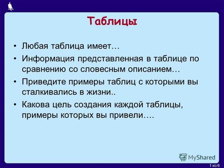 1 из 6 Таблицы Любая таблица имеет… Информация представленная в таблице по сравнению со словесным описанием… Приведите примеры таблиц с которыми вы сталкивались.