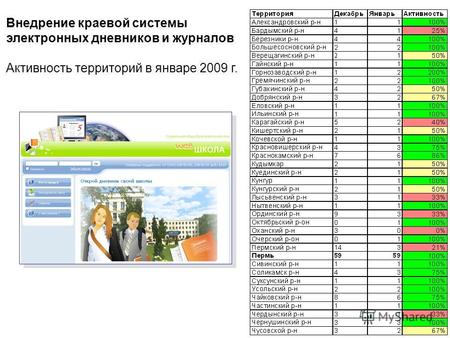 Внедрение краевой системы электронных дневников и журналов Активность территорий в январе 2009 г.
