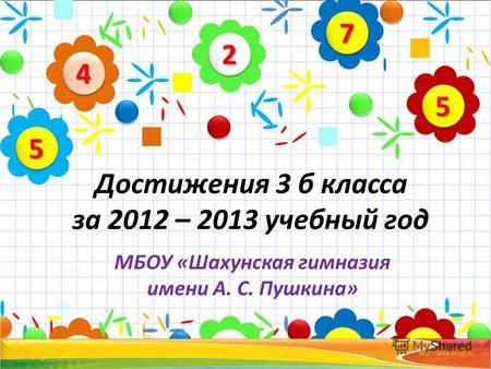 Достижения 3 б класса за 2012 – 2013 учебный год МБОУ «Шахунская гимназия имени А. С. Пушкина» 22 44 55 77 55.