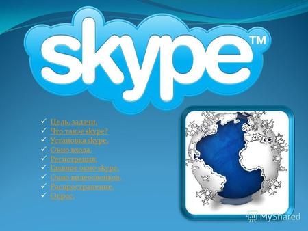 Цель, задачи. Что такое skype? Что такое skype? Установка skype. Установка skype. Окно входа. Регистрация. Главное окно skype. Главное окно skype. Окно.