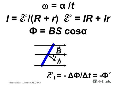 «Физика-Первое Сентября» 23/2010 1 = α /t I = 1 /(R + r) 1 = IR + Ir Ф = ВS cosα В n α 1 i = - ΔФ/Δt = -Ф΄