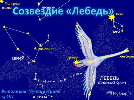 Выполнила: Чупина Ирина 14 ОП. Ле́бедь (лат. Cygnus, Cyg) созвездие северного полушария звёздного неба. Яркие звёзды образуют характерный крестообразный.