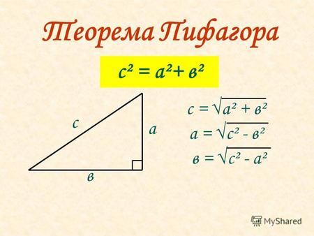 Теорема Пифагора с² = а²+ в² с = а² + в² а = с² - в² в = с² - а² с а в.
