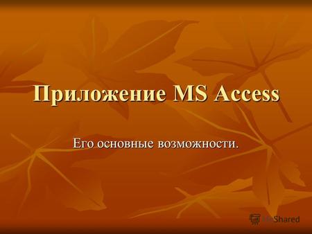 Приложение MS Access Его основные возможности.. Приложение MS Access представляет собой прикладную СУБД (пользовательскую оболочку), предназначенную для.