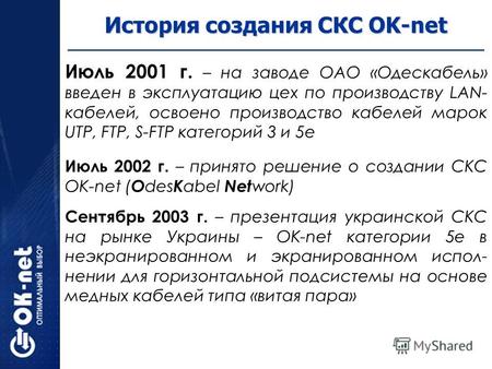 История создания СКС OK-net Июль 2001 г. – на заводе ОАО «Одескабель» введен в эксплуатацию цех по производству LAN- кабелей, освоено производство кабелей.