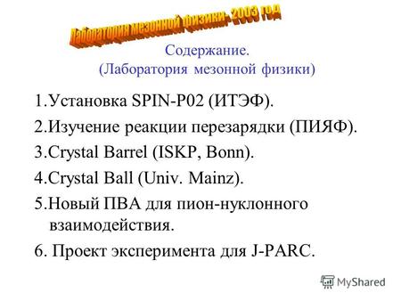 1.Установка SPIN-P02 (ИТЭФ). 2.Изучение реакции перезарядки (ПИЯФ). 3.Crystal Barrel (ISKP, Bonn). 4.Crystal Ball (Univ. Mainz). 5.Новый ПВА для пион-нуклонного.
