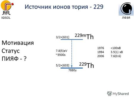 Источник ионов тория - 229 Мотивация Статус ПИЯФ - ? 3/2+[631] 5/2+[633] 7.8(5)eV ~3500s 229 Th 229m Th 1976 160 nm, отсутствует IC. PRL 109, 160801 (2012)