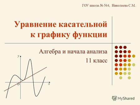 Уравнение касательной к графику функции Алгебра и начала анализа 11 класс х у О ГОУ школа 564, Николаева С.М.
