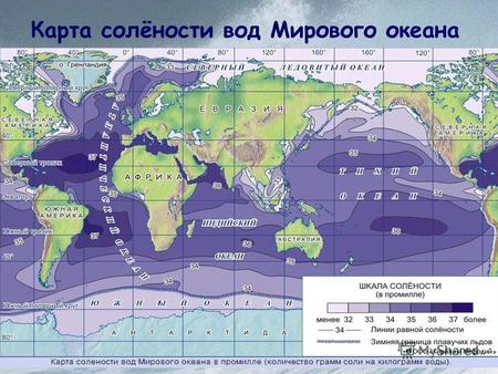 Карта солёности вод Мирового океана Тема урока: Океанические Течения. Жизнь в океане.