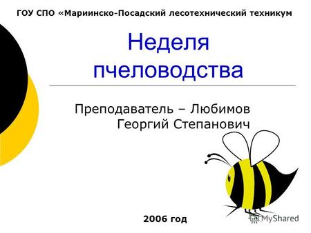 Неделя пчеловодства Преподаватель – Любимов Георгий Степанович ГОУ СПО «Мариинско-Посадский лесотехнический техникум 2006 год.