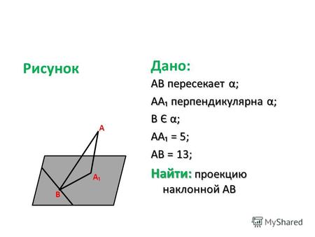 B A AB пересекает α; AA перпендикулярна α; B Є α; AA = 5; AB = 13; Найти: проекцию наклонной AB Дано: A Рисунок.