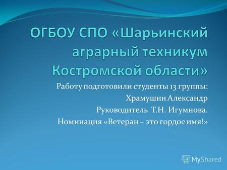 Работу подготовили студенты 13 группы: Храмушин Александр Руководитель Т.Н. Игумнова. Номинация «Ветеран – это гордое имя!»