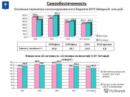 11 Основные параметры консолидированного бюджета ЗАТО Звёздный, млн.руб. Самообеспеченность 2008 факт2009 факт20102011 прогноз Дефицит(-)/профицит(+) 45,8-38,7-15,9-6,8.