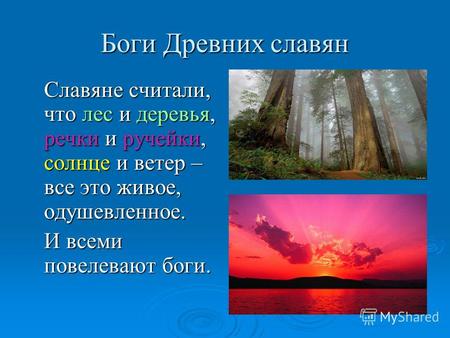 Боги Древних славян Славяне считали, что лес и деревья, речки и ручейки, солнце и ветер – все это живое, одушевленное. И всеми повелевают боги.