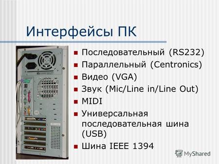 Интерфейсы ПК Последовательный (RS232) Параллельный (Centronics) Видео (VGA) Звук (Mic/Line in/Line Out) MIDI Универсальная последовательная шина (USB)