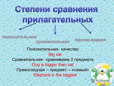 Положительная- качество Big cat Сравнительная- сравниваем 2 предмета Dog is bigger than cat Превосходная – предмет – «самый» Elephant is the biggest.
