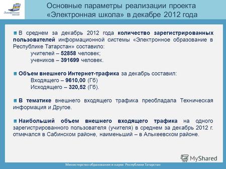 Министерство образования и науки Республики Татарстан В среднем за декабрь 2012 года количество зарегистрированных пользователей информационной системы.