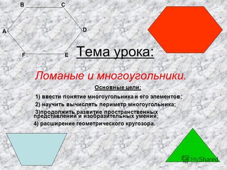 Тема урока: Ломаные и многоугольники. А ВС D ЕF Основные цели: 1) ввести понятие многоугольника и его элементов; 1) ввести понятие многоугольника и его.