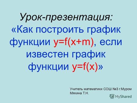 Урок-презентация: «Как построить график функции y=f(x+m), если известен график функции y=f(x)» Учитель математики СОШ 3 г.Муром Мякина Т.Н.