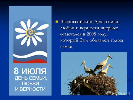 Всероссийский День семьи, любви и верности впервые отмечался в 2008 году, который был объявлен годом семьи.