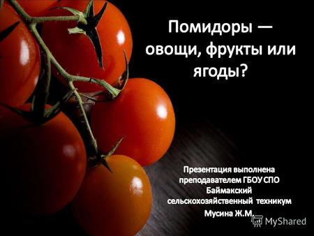 Химический состав помидора Состав помидоров белки – 0.6 г жиры – 0.2 г углеводы – 4.2 г вода – 93.5 г пищевые волокна – 0.8 г органические кислоты -