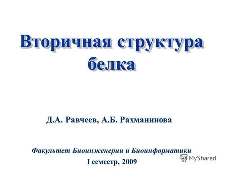 Вторичная структура белка белка Факультет Биоинженерии и Биоинформатики I cеместр, 2009 Д.А. Равчеев, А.Б. Рахманинова.