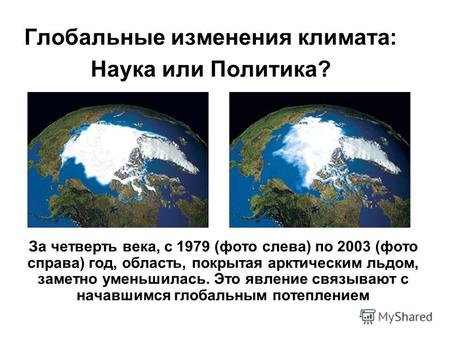 Глобальные изменения климата: Наука или Политика? За четверть века, с 1979 (фото слева) по 2003 (фото справа) год, область, покрытая арктическим льдом,