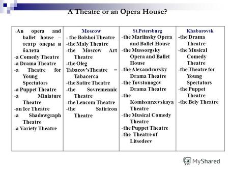 A Theatre or an Opera House? - An opera and ballet house – театр оперы и балета -a Comedy Theatre -a Drama Theatre -a Theatre for Young Spectators -a Puppet.