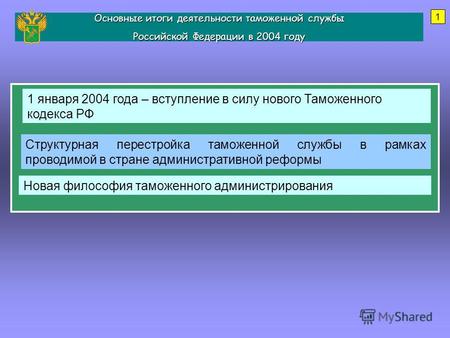 Основные итоги деятельности таможенной службы Российской Федерации в 2004 году 1 Структурная перестройка таможенной службы в рамках проводимой в стране.