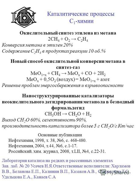 Каталитические процессы C 1 -химии Окислительный синтез этилена из метана 2СН 4 + О 2 С 2 Н 4 Конверсия метана в этилен 20% Содержание С 2 Н 4 в продуктах.