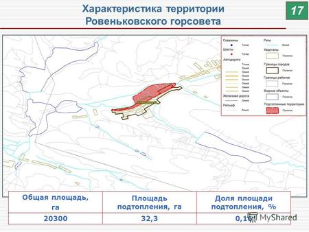 Общая площадь, га Площадь подтопления, га Доля площади подтопления, % 2030032,30,16 Характеристика территории Ровеньковского горсовета 17.