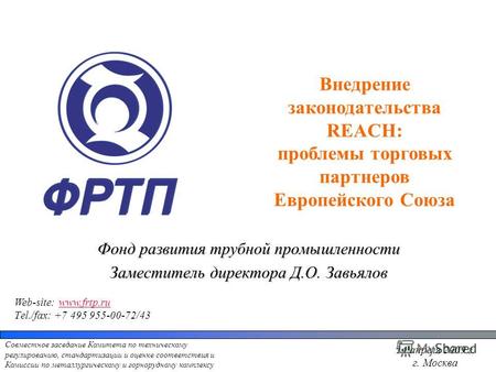 Фонд развития трубной промышленности Заместитель директора Д.О. Завьялов Web-site: www.frtp.ruwww.frtp.ru Тel./fax: +7 495 955-00-72/43 14 апреля 2009.