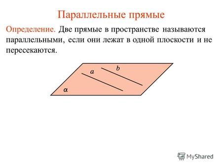 Определение. Две прямые в пространстве называются параллельными, если они лежат в одной плоскости и не пересекаются. Параллельные прямые.
