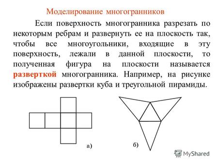 Моделирование многогранников Если поверхность многогранника разрезать по некоторым ребрам и развернуть ее на плоскость так, чтобы все многоугольники, входящие.