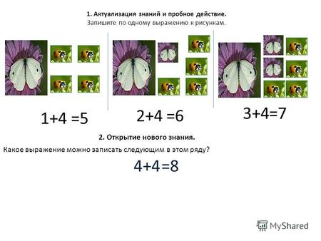 1. Актуализация знаний и пробное действие. Запишите по одному выражению к рисункам. 1+4 2+4 3+4 Какое выражение можно записать следующим в этом ряду?