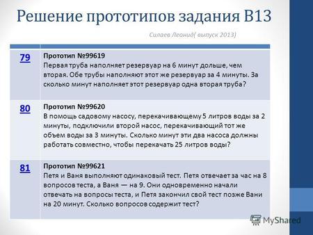 Решение прототипов задания В13 Силаев Леонид( выпуск 2013) 79 Прототип 99619 Первая труба наполняет резервуар на 6 минут дольше, чем вторая. Обе трубы.