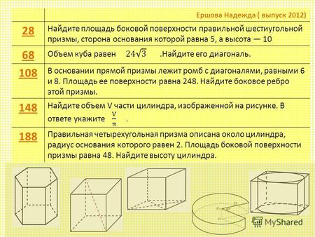 Ершова Надежда ( выпуск 2012) 28 Найдите площадь боковой поверхности правильной шестиугольной призмы, сторона основания которой равна 5, а высота 10 68.