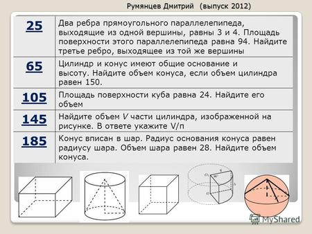 Румянцев Дмитрий (выпуск 2012) 25 Два ребра прямоугольного параллелепипеда, выходящие из одной вершины, равны 3 и 4. Площадь поверхности этого параллелепипеда.